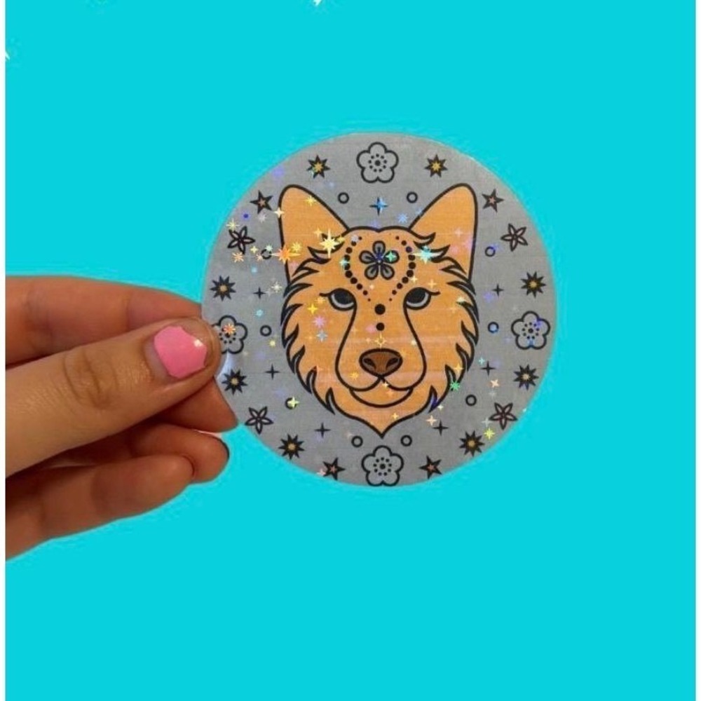 Holographic Wolf Sticker Boho Floral Celestial Prismatic Decal Circle Orange